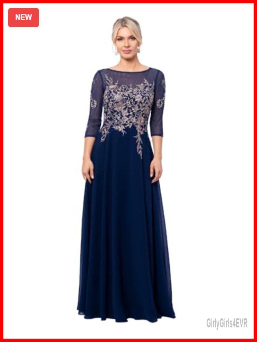 Long Chiffon A-Line Evening Gown Illusion Boat Neck 3/4 Sleeve Floral Applique